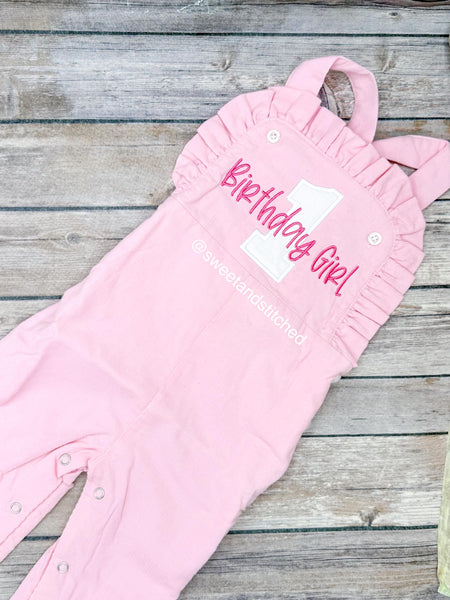 Baby girl monogrammed birthday overalls, monogrammed cake smash outfit, 1st birthday outfit with number and name