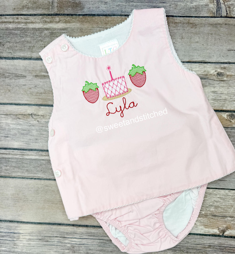 Monogrammed baby girl diaper set with strawberries and cake design, monogrammed birthday outfit, strawberry cake smash outfit, bloomer set