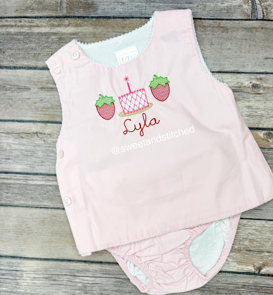 Monogrammed baby girl diaper set with strawberries and cake design, monogrammed birthday outfit, strawberry cake smash outfit, bloomer set