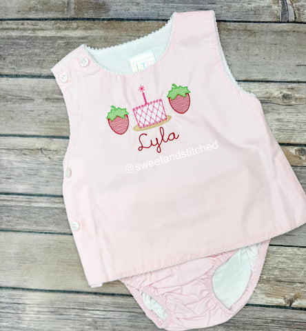 Monogrammed baby girl diaper set with strawberries and cake design, monogrammed birthday outfit, strawberry cake smash outfit, bloomer set