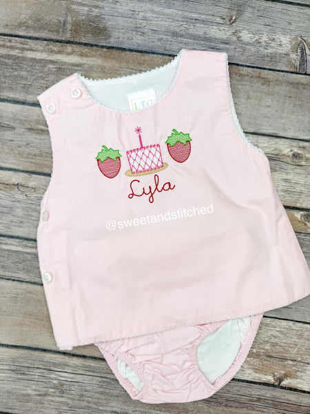 Monogrammed baby girl diaper set with strawberries and cake design, monogrammed birthday outfit, strawberry cake smash outfit, bloomer set