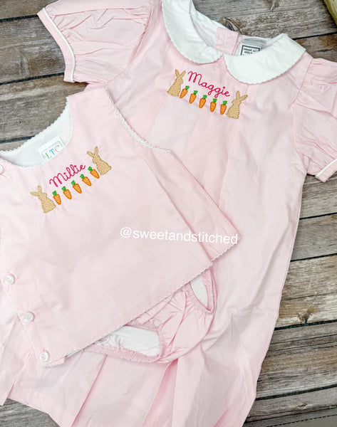 Monogrammed girls pleated dress with Easter bunny and carrot design, girls Easter dress, sister easter outfits