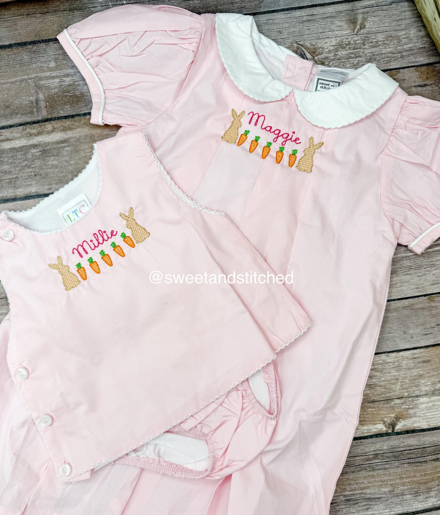 Monogrammed girls pleated dress with Easter bunny and carrot design, girls Easter dress, sister easter outfits
