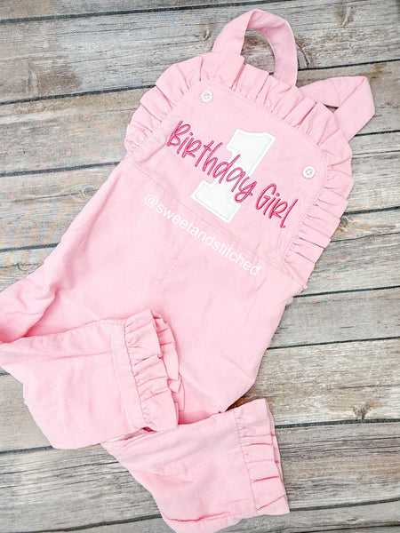 Baby girl monogrammed birthday overalls, monogrammed cake smash outfit, 1st birthday outfit with number and name