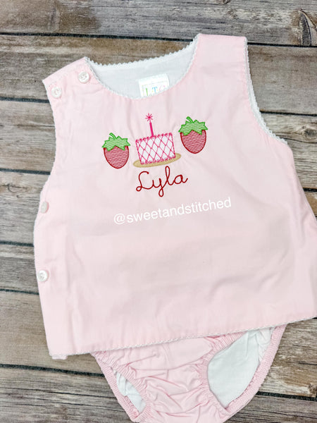 Monogrammed baby girl diaper set with strawberries and cake design, monogrammed birthday outfit, strawberry cake smash outfit, bloomer set