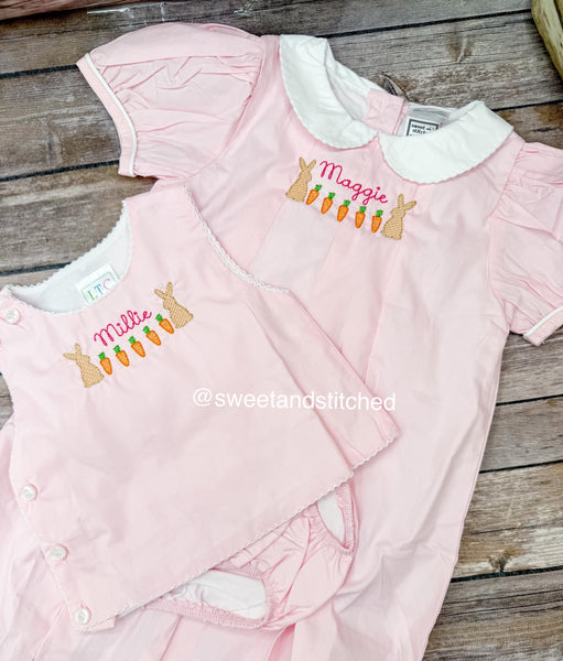 Monogrammed girls pleated dress with Easter bunny and carrot design, girls Easter dress, sister easter outfits