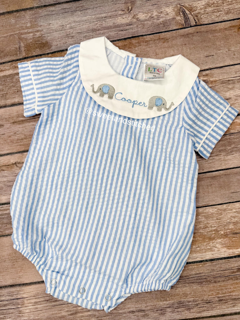 Monogrammed baby boy elephant outfit, elephant bubble, baby boy sunsuit bubble, boys monogrammed elephant outfit seersucker bishop outfit