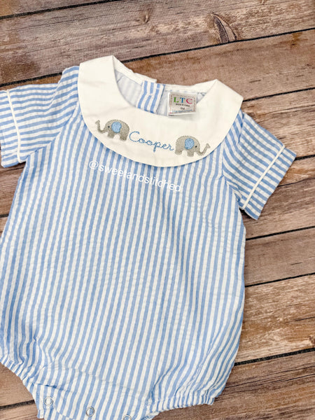 Monogrammed baby boy elephant outfit, elephant bubble, baby boy sunsuit bubble, boys monogrammed elephant outfit seersucker bishop outfit