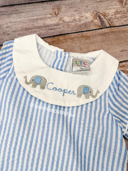 Monogrammed baby boy elephant outfit, elephant bubble, baby boy sunsuit bubble, boys monogrammed elephant outfit seersucker bishop outfit