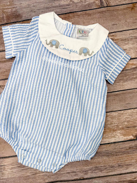 Monogrammed baby boy elephant outfit, elephant bubble, baby boy sunsuit bubble, boys monogrammed elephant outfit seersucker bishop outfit