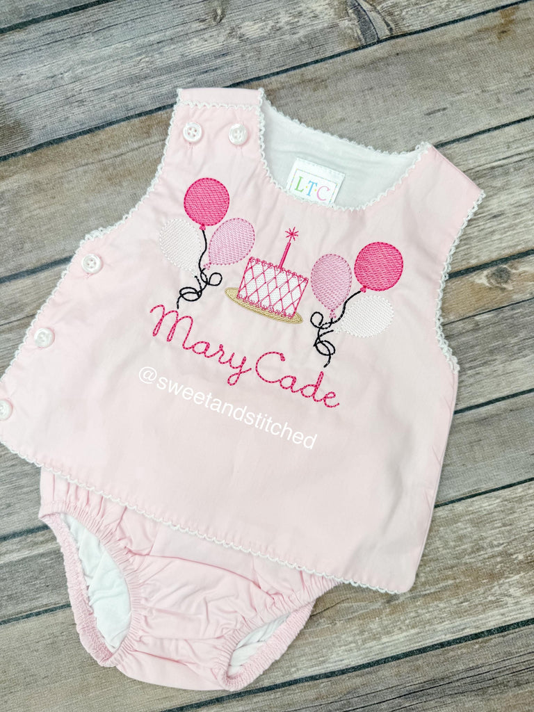 Monogrammed baby girl diaper set with balloons and cake design, monogrammed birthday outfit, cake smash outfit, bloomer set