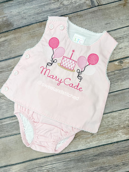 Monogrammed baby girl diaper set with balloons and cake design, monogrammed birthday outfit, cake smash outfit, bloomer set