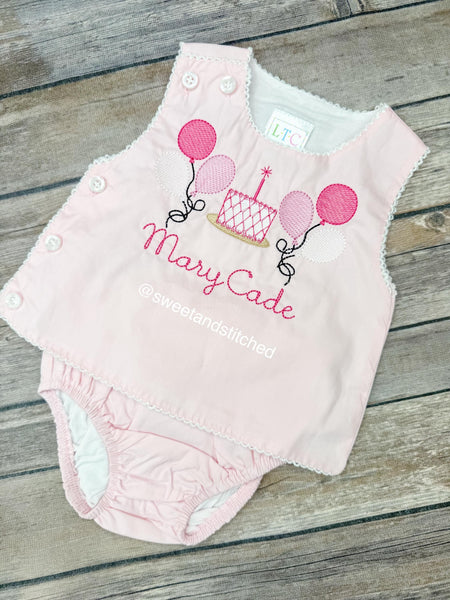 Monogrammed baby girl diaper set with balloons and cake design, monogrammed birthday outfit, cake smash outfit, bloomer set