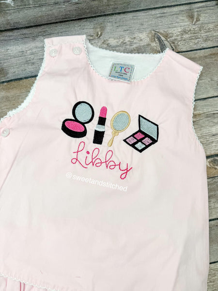 Monogrammed baby girl diaper set with mini makeup design, monogrammed makeup birthday outfit, cake smash outfit, bloomer set, pageant outfit