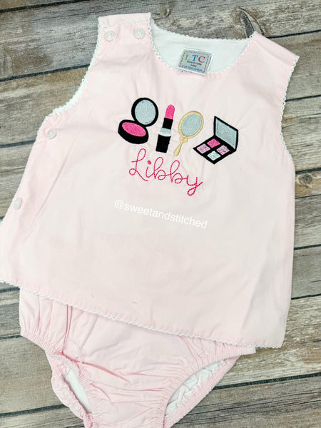 Monogrammed baby girl diaper set with mini makeup design, monogrammed makeup birthday outfit, cake smash outfit, bloomer set, pageant outfit