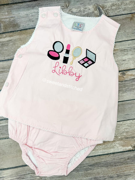 Monogrammed baby girl diaper set with mini makeup design, monogrammed makeup birthday outfit, cake smash outfit, bloomer set, pageant outfit