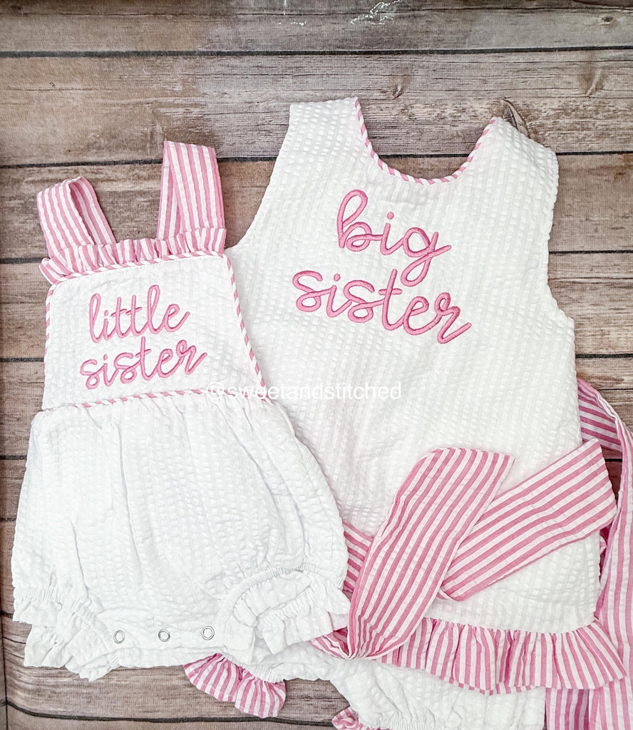 Big Sister little sister set, embroidered big sister seersucker swing set, girls bubble, big sister little sister hospital outfit