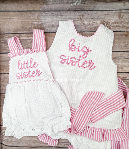 Big Sister little sister set, embroidered big sister seersucker swing set, girls bubble, big sister little sister hospital outfit