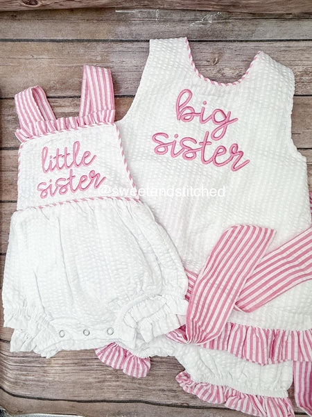 Big Sister little sister set, embroidered big sister seersucker swing set, girls bubble, big sister little sister hospital outfit