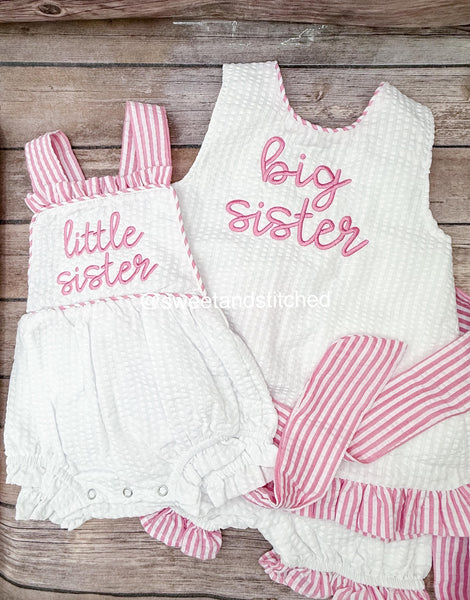 Big Sister little sister set, embroidered big sister seersucker swing set, girls bubble, big sister little sister hospital outfit