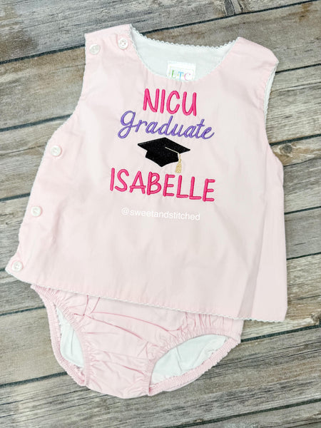 Monogrammed baby girl diaper set with NICU graduate design, monogrammed birthday outfit, cake smash outfit, bloomer set, milestone outfit