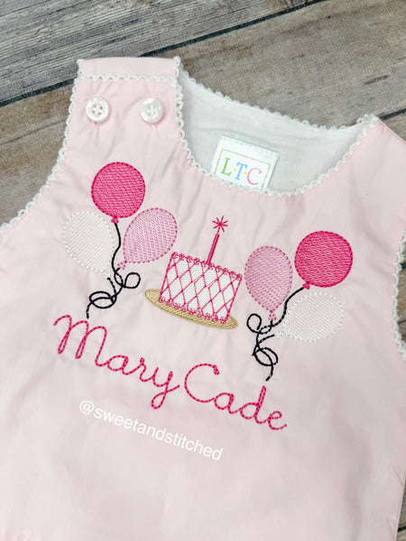 Monogrammed baby girl diaper set with balloons and cake design, monogrammed birthday outfit, cake smash outfit, bloomer set