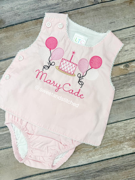 Monogrammed baby girl diaper set with balloons and cake design, monogrammed birthday outfit, cake smash outfit, bloomer set