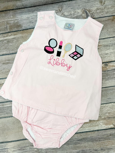 Monogrammed baby girl diaper set with mini makeup design, monogrammed makeup birthday outfit, cake smash outfit, bloomer set, pageant outfit