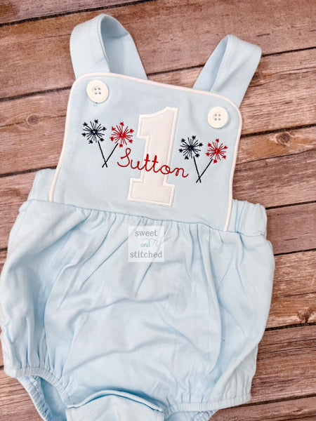 Monogrammed baby boy bubble with 1 sparklers and name, baby boy 1st birthday 4th of july themed outfit, fireworks cake smash outfit