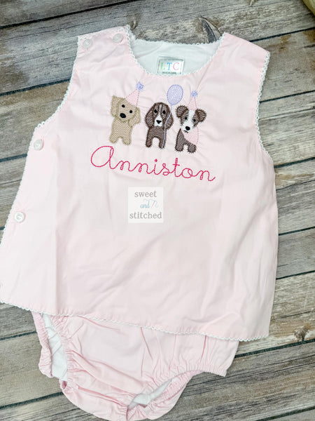 Monogrammed baby girl diaper set with dog design, birthday outfit, cake smash outfit, monogrammed birthday outfit, bloomer set