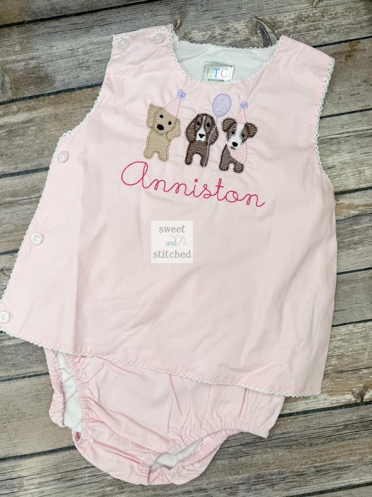 Monogrammed baby girl diaper set with dog design, birthday outfit, cake smash outfit, monogrammed birthday outfit, bloomer set