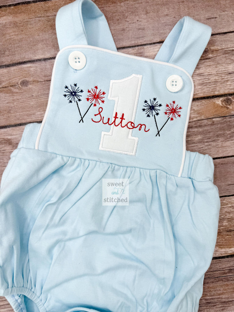 Monogrammed baby boy bubble with 1 sparklers and name, baby boy 1st birthday 4th of july themed outfit, fireworks cake smash outfit