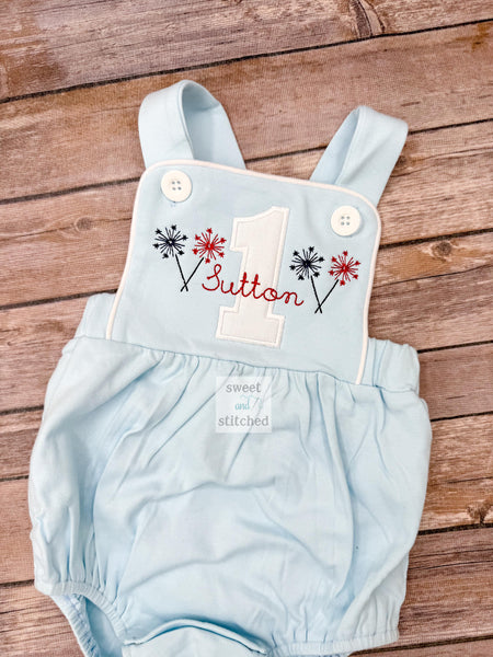 Monogrammed baby boy bubble with 1 sparklers and name, baby boy 1st birthday 4th of july themed outfit, fireworks cake smash outfit