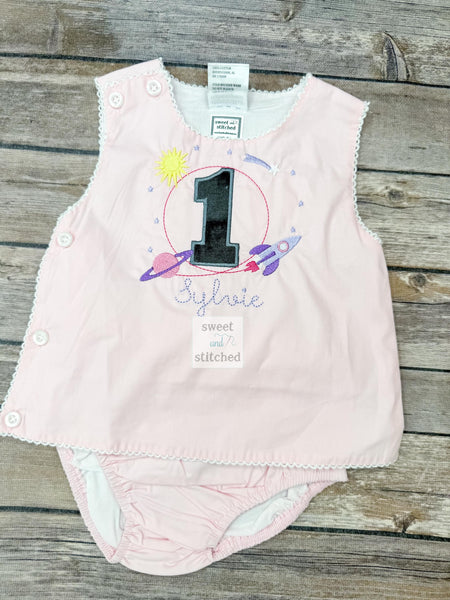 Monogrammed baby girl diaper set with space design, monogrammed birthday outfit, cake smash outfit, space themed bloomer set