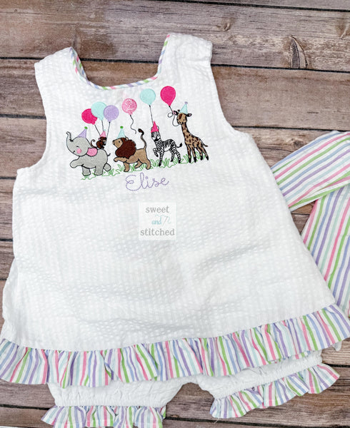 Baby girl swing back bloomer set with zoo theme, party animal birthday outfit, baby bloomer set, cake smash outfit, swing back set
