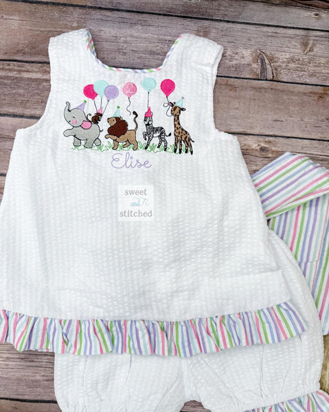 Baby girl swing back bloomer set with zoo theme, party animal birthday outfit, baby bloomer set, cake smash outfit, swing back set