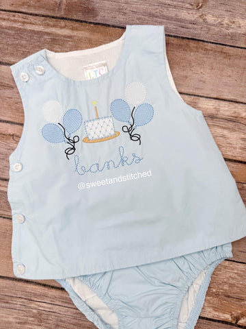 Monogrammed baby boy diaper set with balloons and cake design, monogrammed birthday outfit, cake smash outfit, bloomer set