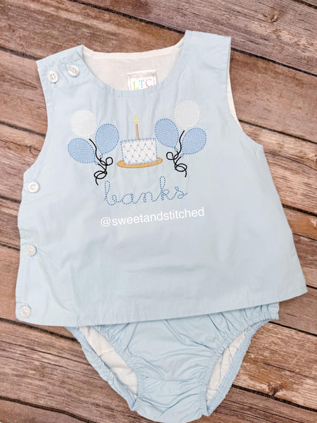 Monogrammed baby boy diaper set with balloons and cake design, monogrammed birthday outfit, cake smash outfit, bloomer set
