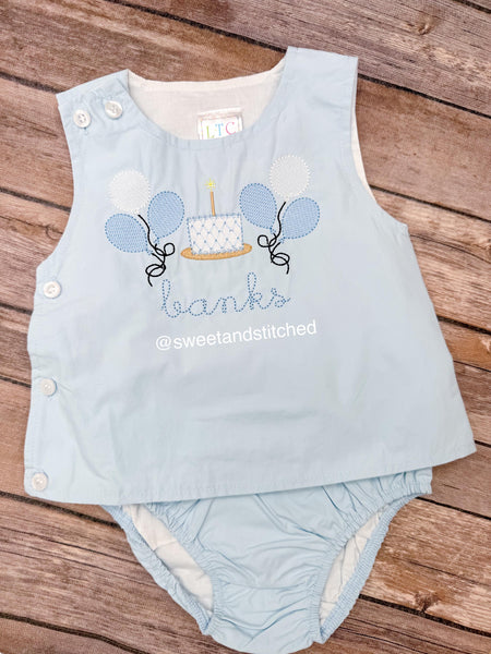 Monogrammed baby boy diaper set with balloons and cake design, monogrammed birthday outfit, cake smash outfit, bloomer set
