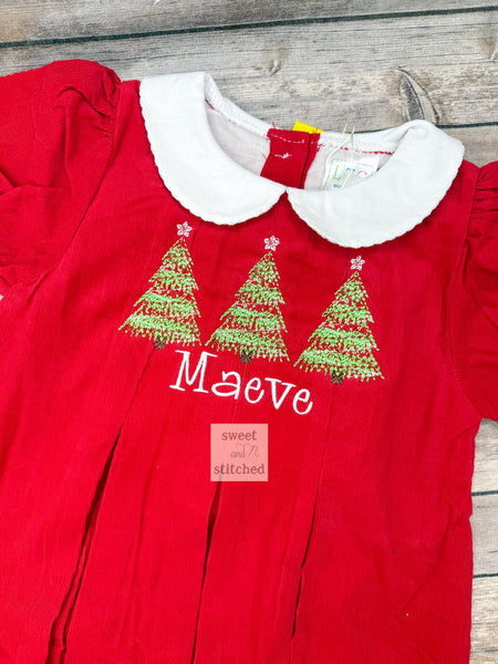 Girls Red Corduroy Christmas Dress, Embroidered Trees, Personalized Name