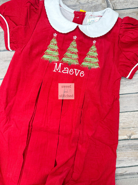 Girls Red Corduroy Christmas Dress, Embroidered Trees, Personalized Name