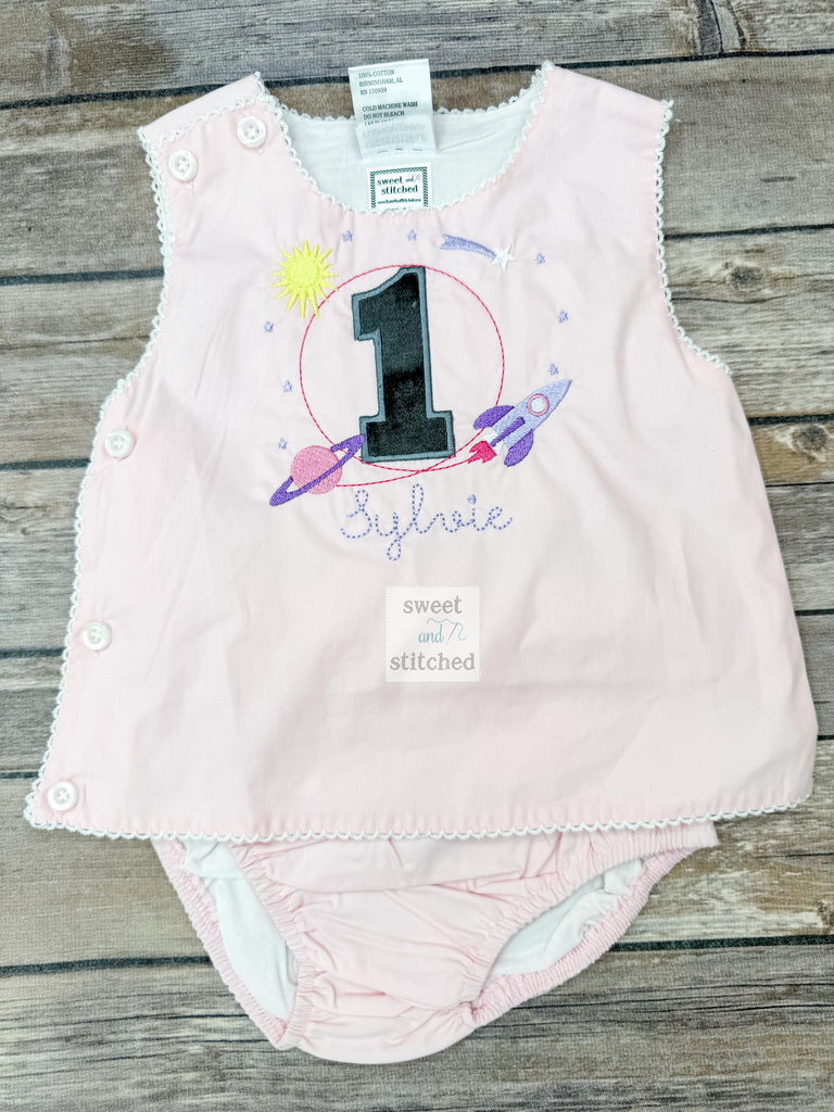 Monogrammed baby girl diaper set with space design, monogrammed birthday outfit, cake smash outfit, space themed bloomer set