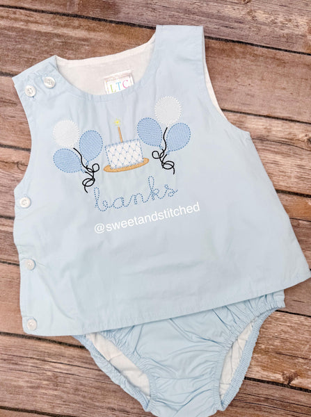 Monogrammed baby boy diaper set with balloons and cake design, monogrammed birthday outfit, cake smash outfit, bloomer set