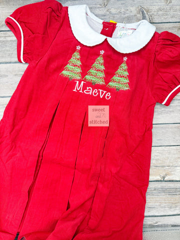 Girls Red Corduroy Christmas Dress, Embroidered Trees, Personalized Name