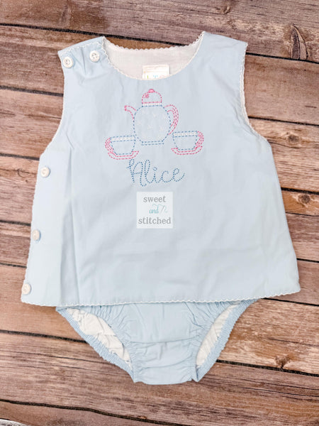 Monogrammed baby girl diaper set with tea party design, monogrammed teacups birthday outfit, cake smash outfit, tea party cake smash
