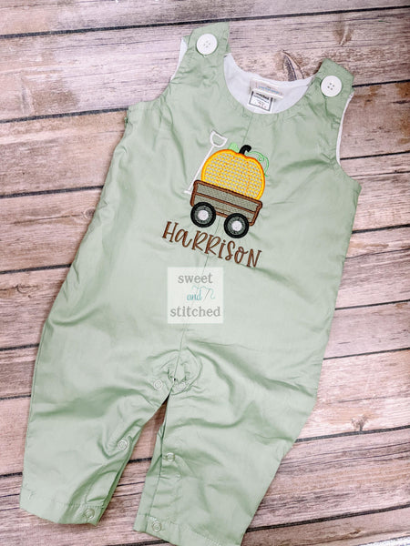 Personalized Boys Pumpkin overalls with pumpkin wagon design in sage green - fall thanksgiving Outfit