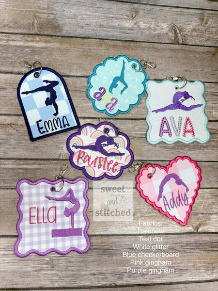 Monogrammed bag tags, gymnastics bag tags, sports bag tags, personalized bag tags