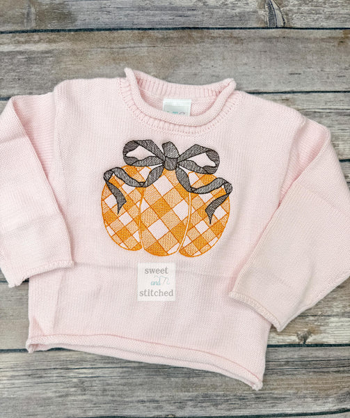 Monogrammed roll neck sweater, pink fall sweater, personalized pumpkin outfit, fall sweatshirt gingham