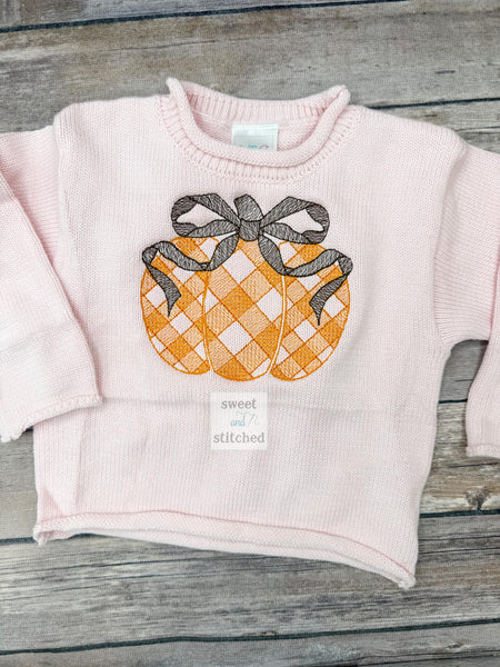 Monogrammed roll neck sweater, pink fall sweater, personalized pumpkin outfit, fall sweatshirt gingham