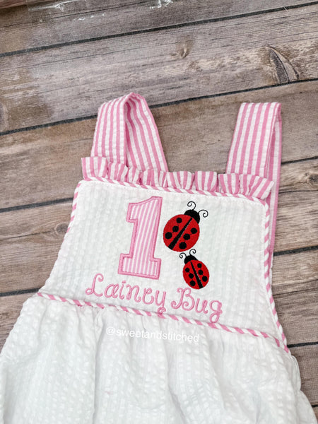 Monogrammed baby girl ruffle bubble with ladybug birthday design, baby ladybug themed birthday outfit, 1st birthday cake smash outfit